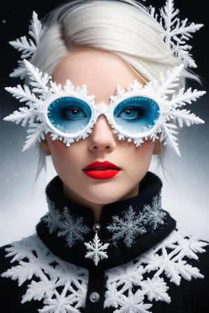 surrealism photo, realistic, 16k, extreme detail, fine textures, colorful, sharp lines, vibrant patch colors, black and white colors palette, lovely lady 40 years old, wearing snowflake glasses,in the style of esao andrews,sfglasses