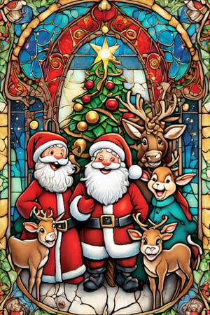 Happy, big smiles on  first christmas,  Santa Claus and reindeers,intricate details,
 blessed, welcoming , cute, adorable, vintage, art on a cracked paper, fairytale, patchwork, stained glass, storybook detailed illustration, cinematic, ultra highly detailed, tiny details, beautiful details, mystical, luminism, vibrant colors, complex background