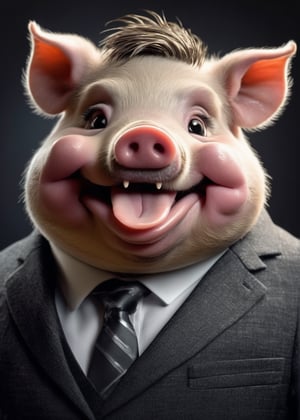 face close up image of anthropomorphic pig,(tongue), (furry),dressed in a dark gray suit, (sticking out tongue:1.5),(happy smile),(playful:1.2), soft lighting, Cinematic, hdr, primitive, Intricate, High quality, smoothing tones, Intricate details, Low contrast,(viewed from side:2.0), (looking at viewer:1.5), simple background
