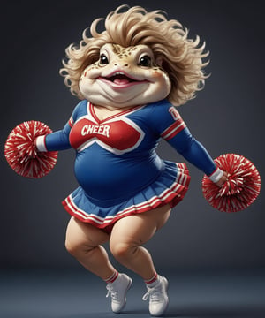 portrait of Dressed animals - a (fat) (baby cute) toad cheerleader,(cheer dancing:2.0),(jumping:2.0), high quality, (eye lashes),(happy smile:1.2),(lovely) ,intricate details, highly detailed ((cheer costume)) ,highly detailed cheer clothes, holding pom-pom ,(passion) , highly detailed hair ribbon, (happy), studio lighting,(full body image:1.5)comic book,comic book