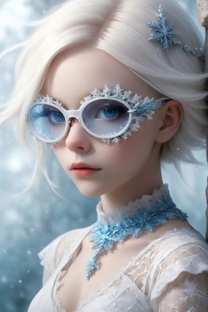 ((Bokeh:1.5)),((Soft focus:1.5)),(Fog),((blur)),,
The Childlike Empress,stunning beautiful young albino girl,14 yers old,alabaster skin,very short brown  hair,wearing sfglasses,((Slicked back hair)),(head chain with jewelry stone),((viewed from side:1.5)),
girl has Beautiful blue eyes, soft expression, Depth and Dimension in the Pupils, She wears white delicate fractal pattern lace dress, , creating a sense of movement and depth.
p3rfect boobs,3d toon style,sfglasses,