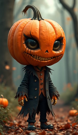 generate images of kawaii chibi characters of pumpkin head zany scarecrow with a horror fantasy theme, clothes must be highly intricate, elegant, and visually striking, resembling digital paintings. Concept art must be highly detailed and flaunt beauty, Artwork will be created by highly skilled artists known for their attractive, high-quality models. Character designs will be created by Pascal Bran Schrutkowski, known for his hyper-realism. Images must be of the highest quality with cinematic lighting and 16K resolution. Great attention to symmetry will be used to make the characters mysterious and alluring. Artwork must be a masterpiece that displays total perfection and amazing attention to detail, including macro details, voluminous light, realistic reflections on surfaces, and ultra-detailed textures. Utilize cinematic effects to enhance the overall visual impact. For best quality, images should be UHD and in sharp focus,
