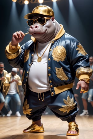 Dressed animals - a fat hippo dancer, ((dancing and singing)), god of hip hop, highly detailed ((hip hop fashion)) , highly detailed accessories , wearing sunglasses and cap,dancing pose,wearing a jacket delicately depicted with gold leaf detailing, printed onto a substantial and regal coat,Emphasize the intricate application of gold foil to capture the strength and valor of hip hop dancer. Ensure a visually stunning representation that combines the opulence of gold leaf with the historical passion of hip hop , creating a unique and impressive fashion through innovative image generation techniques.",abmhandsomeguy,(full body image), stadio lighting