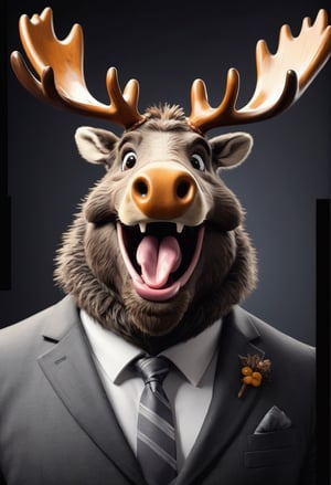 face close up photo of anthropomorphic moose,(tongue), (furry),dressed in a dark gray suit, (sticking out tongue:1.5),(happy smile:1.5),(playful:1.2), soft lighting, Cinematic, hdr, primitive, Intricate, High quality, smoothing tones, Intricate details, Low contrast,(viewed from side:2.0), (looking at viewer:1.5), simple background,comic book