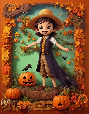 (((Top Quality: 1.4))),(Unparalleled Masterpiece), (Ultra High Definition),(Ultra-Realistic 8k CG), (cute scarecrow),wearing straw hat,many pumpukins on field,((being crucified)),(crows) around there,farm background,Halloween atmosphere,