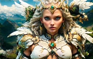 (wide angle),(Aetherpunk style:1.4),8k , ultra quality ,nature,pagan imagery,intricate detailed, beautiful valkyrie ,gold detailed holy gorgeous armor,intricate detailed wide angelic wings,spreading angelic wings wide,utopia,magic,detailed,mages,outdoors,amazing scenery,(highly detailed:1.2),(ultra realism:1.2), realistic, detailed, textured, skin, platinum white hair, green eyes, by Alex Huguet, Mike Hill, Ian Spriggs, JaeCheol Park, Marek Denko
,detailmaster2,more detail XL,(half body image)