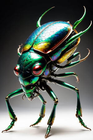 Imagine a futuristic marvel with a Hi-Tech glowing, colorful, biometrical beetle bug. Picture its smooth, glowing, glass-like body radiating vibrant hues, beetle bug is adorned with intricately arranged dragon scales,each scale glistening with a lustrous sheen. The scales cover the car's exterior,  its legs  are perfectly designed with a high-tech glow. This prompt encourages artists to bring this extraordinary Hi-Tech beetle bug to life, focusing on intricate details and a perfect blend of technology and natural inspiration. Create a visually stunning masterpiece that showcases the futuristic allure and enchanting beauty of this high-tech insect.,dragon armor,aw0k magnstyle