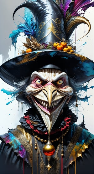 Ultra-Wide angle shot, photorealistic of gothic medieval of  stylish (turkye) character wearing pilgrim outfits,turkey,(long neck), (large beak),(horror), (creepy smile),art by Carne Griffiths,thanksgiving atmothphere,ornaments of thanksgiving, merged visuals, evocative storytelling, creative blending, seeBlack ink flow: 8k resolution photorealistic masterpiece:  intricately detailed fluid gouache painting: calligraphy: acrylic: colorful watercolor art, cinematic lighting, maximalist photoillustration: by marton bobzert: 8k resolution concept art intricately detailed, complex, elegant, expansive, fantastical, psychedelic realism, dripping paint,,DonML1quidG0ldXL ,Digital painting ,PEOPShockedFace