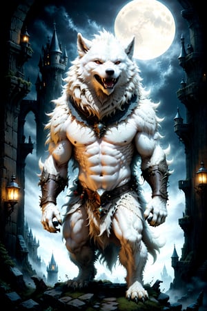(((Top Quality: 1.4))), (Art by jean baptiste monge),(Unparalleled Masterpiece),(Ultra High Definition),(Ultra-Realistic 8k CG),chiaroscuro,cute white werwolf,king of werwolves massive mascular body, standing,fluffy body , in dark medieval castle,horror , eerie moon light makes gradient of shadows and adds depth to images, (magic mysterious background,highly detailed baclgound, glowing particles, ethereal fog, faint darkness), hype realistic cover photo awesome full color, Cinematic, (hyper detail: 1.2), perfect anatomy,more detail XL,Leonardo Style,,detailmaster2,((over waist image:1.8)),,realistic,monster