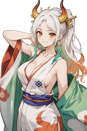 (masterpiece, best quality, highres:1.3), ultra resolution image, (1girl),yamato\(one piece\), (solo), kawaii, hair ornament, kimono, oni, earrings, japanese clothes,,cute face,smile softly, hoop earrings, sleeveless, hair stick,(white long hair), multicolored hair,standing,,orange eyes ,curled horns, horns, arms up, sideboob, cleavage, sleeveless kimono,edge of hair is green, jewelry, large breasts, blush, red horns, collarbone