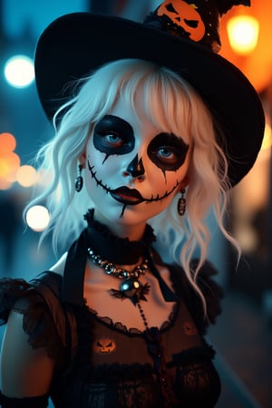 (Best Quality, 8K, 32K, masutepiece:1.3), Ultra-detailed, (Photorealistic:1.4), white colors, albino,15yo cute punk Girl with Halloween heavy paint on her face, Detailed eyes, Upper body, Luxurious punk hair, Edgy Halloween fashion,(Halloween atmosphere),in Gothic Haloween costume and hat, Pumpkin motif accessories,necklace and earrings,  Avant-garde Halloween makeup, Numerous piercings,,night sky background, Backlight effect, Shallow depth of field, Blurry background,score_9, score_8_up, score_7_up, score_6_up, score_5_up, score_4_up,