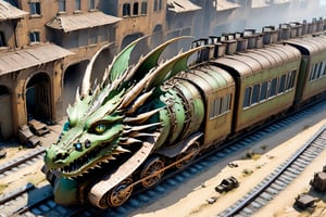  (masterpiece), (best quality),,  dragon train on railroads ,buildings , in Wasteland,  post-apocalyptic world, ((viewed from above:1.9)), 
,more detail XL