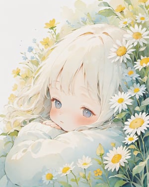 illustration of  a shy sleepy girl, completely white picture, extremely soft colors, watercolor, flowers, by Hannah Dale,
