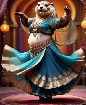   portrait of Dressed animals - a ((fat)) baby (otter) dancer,(furry), (dynamic dancing:2.0), (swinging arms :2.0),(happy smile:1.2),high quality,(happy),(lovely) ,intricate details, (sheer veil), highly detailed (( gypsy belly dancing clothes)) ,highly detailed decorations of clothes, Wearing gypsy belly dancing clothes, , (happy), soft lighting,(full body image:1.5),simple background,(viewed from side:2.0),comic book