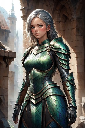 (((Top Quality: 1.4))), (Unparalleled Masterpiece), (Ultra High Definition), (Art by Carne Griffiths), (Ultra-Realistic 8k CG), official art,attractive posing, female gladiator, stunningly beautiful cleaned face,highly detailed armor , messy Hair,  muscular_body:1.4, tanned skin:1.4,,large breasts,( stone buildings background),sunlight makes beautiful gradient of shadow and adds depth to image, (muted colors, dim colors, muted tones: 1.3), low saturation, (hyper detail: 1.2), perfect anatomy,(cowboy shot :1.5),Female,dragon armor