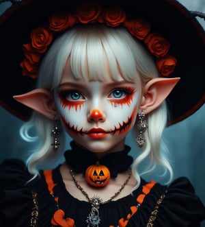 (Best Quality, 8K, 32K, masutepiece:1.3), Ultra-detailed, (Photorealistic:1.4), white colors, albino,12yo cute Girl with Halloween heavy paint on her face, child-like face, Detailed eyes, Upper body, Luxurious punk hair, Edgy Halloween fashion,(Halloween atmosphere),in Gothic Haloween costume and hat, Pumpkin motif accessories,necklace and earrings,  Avant-garde Halloween makeup, Numerous piercings,,night sky background, Backlight effect, Shallow depth of field, Blurry background,score_9, score_8_up, score_7_up, score_6_up, score_5_up, score_4_up,