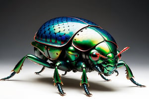 Imagine a futuristic marvel with a Hi-Tech glowing, colorful, biometrical beetle bug. Picture its smooth, glowing, glass-like body radiating vibrant hues, beetle bug is adorned with intricately arranged dragon scales,each scale glistening with a lustrous sheen. The scales cover the car's exterior,  its legs  are perfectly designed with a high-tech glow. This prompt encourages artists to bring this extraordinary Hi-Tech beetle bug to life, focusing on intricate details and a perfect blend of technology and natural inspiration. Create a visually stunning masterpiece that showcases the futuristic allure and enchanting beauty of this high-tech insect.,dragon armor