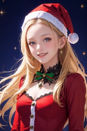 Christmas theme:1.5,portrait of a beautiful swiss girl,lovely smile:1.2,wearing gothic christmas dress,bizarre,floral,Luminous,(christmas atmosphere),shining_sparkle_background