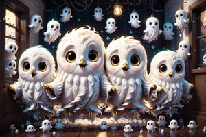 cute owl , in washroom,being surrounded by cute ghosts ,being shocked to see ghosts,ornaments of Halloween, ,animation style rendering, cute 3 D rendering. Unreal Engine 5, stylized anime, cute detailed digital art, Atey Ghailan 8 K, stylized 3D rendering, adventure surreal rendering, anime style 3D, 3D rendering style, super cute image that sparks joy,3d style,DonShr00mXL ,Leonardo Style