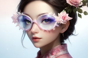 Create a modern-styled portrait of a gentle lady inspired by roses and love, wearing snowflake glasses,utilizing the vibrant color palettes and sleek lines reminiscent of the works by Chinese contemporary artist Zhang Xiaogang.,Enhance,Daughter of Dragon God,Young beauty spirit ,Perfect skin,sfglasees,