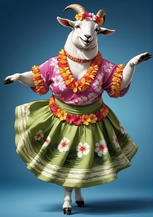  portrait of Dressed animals - a ((fat)) baby goat hula dancer,(hula dancing:2.0), (swinging arms :2.0),(happy smile:1.2),high quality,(happy),(lovely) ,intricate details, (furry), highly detailed ((female hula dance costume)) ,highly detailed decorations, wearing (bikini) aloha shirts and flower lei , (happy), studio lighting,(full body image:1.5),simple background,(viewed from side:2.0),(perfect hands)comic book,comic book