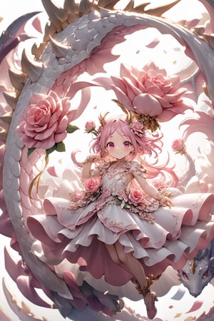  portrait of cute dragon,(dynamic  pose), high quality,(holding a pink rose) ,intricate details, highly detailed dress ,smile,highly detailed flower decorations, long tail , (wind effect),  confetti of roses background,sun light,(full body image:1.5),more detail XL,,cute dragon,sticker