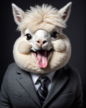 face close up image of anthropomorphic fat cute baby white alpaca,(furry), dressed in a dark gray suit, (sticking out tongue:1.5),(happy smile:1.5),(Innocent), roomlighting, Cinematic, hdr, primitive, Intricate, High quality, smoothing tones, Intricate details, Low contrast,(viewed from above:2.0), (looking up viewer:1.8), simple background,comic book