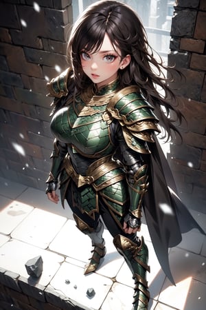 Beautiful 27 year old woman, (brown eyes), ((strong physique body)), (black hair), long_hair: 1.3, , bangs, (serious look), hourglass body shape, detailed eyes, normal breasts quality, slim waist, (strong physique), (viewed from above:1.5) , gauntlets, (detailed armor), lower body armor, black cape, broken stone floor, broken stone wall, snow falling, ((full-body_portrait)), (evil aura around her), Commander of knights,dragon armor