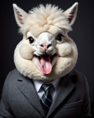 face close up image of anthropomorphic fat cute baby white alpaca,(furry), dressed in a dark gray suit, (sticking out tongue:1.5),(happy smile:1.5),(Innocent), roomlighting, Cinematic, hdr, primitive, Intricate, High quality, smoothing tones, Intricate details, Low contrast,(viewed from above:2.0), (looking up viewer:1.8), simple background,comic book