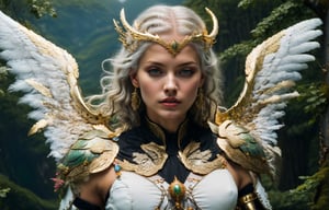 (wide angle),(Aetherpunk style:1.4),8k , ultra quality ,nature,pagan imagery,intricate detailed, beautiful valkyrie ,gold detailed holy gorgeous armor,intricate detailed wide angelic wings,spreading angelic wings wide,utopia,magic,detailed,mages,outdoors,amazing scenery,(highly detailed:1.2),(ultra realism:1.2), realistic, detailed, textured, skin, platinum white hair, green eyes, by Alex Huguet, Mike Hill, Ian Spriggs, JaeCheol Park, Marek Denko
,detailmaster2,more detail XL,(half body image)