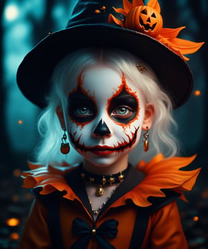 (Best Quality, 8K, 32K, masutepiece:1.3), Ultra-detailed, (Photorealistic:1.4), white colors, albino,15yo cute Girl with Halloween heavy paint on her face, child-like face,Detailed eyes, Upper body, Luxurious punk hair, Edgy Halloween fashion,(Halloween atmosphere),in Gothic Halloween costume and hat,jack-o-lantern motif accessories,necklace and earrings,  Avant-garde Halloween makeup, Numerous piercings,,night sky background, Backlight effect, Shallow depth of field, Blurry background,score_9, score_8_up, score_7_up, score_6_up, score_5_up, score_4_up,