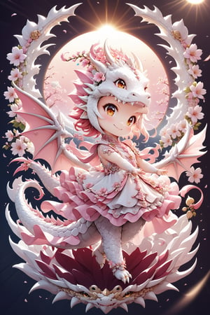  portrait of cute dragon,(dancing pose), high quality,() ,intricate details, highly detailed dress ,smile,highly detailed flower decorations, long tail , (wind effect), cherry_blossom background,sun light,(full body image:1.5),more detail XL,,cute dragon,sticker