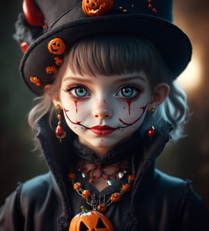 (Best Quality, 8K, 32K, masutepiece:1.3), Ultra-detailed, (Photorealistic:1.4), white colors, albino,15yo cute Girl with Halloween heavy paint on her face, child-like face, Detailed eyes, Upper body, Luxurious punk hair, Edgy Halloween fashion,(Halloween atmosphere),in Gothic Haloween costume and hat, Pumpkin motif accessories,necklace and earrings,  Avant-garde Halloween makeup, Numerous piercings,,night sky background, Backlight effect, Shallow depth of field, Blurry background,score_9, score_8_up, score_7_up, score_6_up, score_5_up, score_4_up,