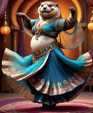   portrait of Dressed animals - a ((fat)) baby (otter) dancer,(furry), (dynamic dancing:2.0), (swinging arms :2.0),(happy smile:1.2),high quality,(happy),(lovely) ,intricate details, (sheer veil), highly detailed (( gypsy belly dancing clothes)) ,highly detailed decorations of clothes, Wearing gypsy belly dancing clothes, , (happy), soft lighting,(full body image:1.5),simple background,(viewed from side:2.0),comic book