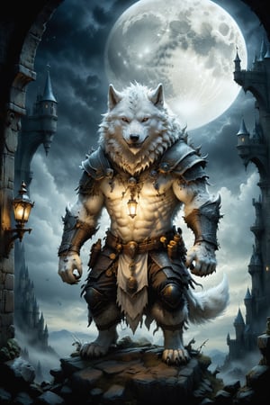 (((Top Quality: 1.4))), (Art by jean baptiste monge),(Unparalleled Masterpiece),(Ultra High Definition),(Ultra-Realistic 8k CG),chiaroscuro,cute white werwolf,king of werwolves massive mascular body ,fluffy body , in dark medieval castle,horror , eerie moon light makes gradient of shadows and adds depth to images, (magic mysterious background,highly detailed baclgound, glowing particles, ethereal fog, faint darkness), hype realistic cover photo awesome full color, Cinematic, (hyper detail: 1.2), perfect anatomy,more detail XL,Leonardo Style,,detailmaster2,((over waist image:1.8)),,realistic,monster