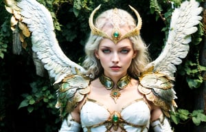 (wide angle),(Aetherpunk style:1.4),8k , ultra quality ,nature,pagan imagery,intricate detailed, beautiful valkyrie ,gold detailed holy gorgeous armor,intricate detailed wide angelic wings,spreading angelic wings wide,utopia,magic,detailed,mages,outdoors,amazing scenery,(highly detailed:1.2),(ultra realism:1.2), realistic, detailed, textured, skin, platinum white hair, green eyes, by Alex Huguet, Mike Hill, Ian Spriggs, JaeCheol Park, Marek Denko
,detailmaster2,more detail XL,(half body image)