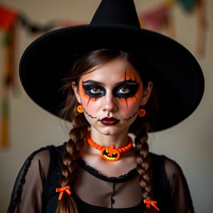 upper body portrait of 15yo cute girl with Halloween paint on face, in Gothic Haloween costume and hat, (glaring at camera:1.5),(gothic),fractal punk, braid hair, matte painting portrait shot, beautiful girl, pink fair skin, she is dressed in Halloween clothes, Pumpkin motif accessories,necklace and earrings, Halloween atmosphere, heavy makeup,orange theme