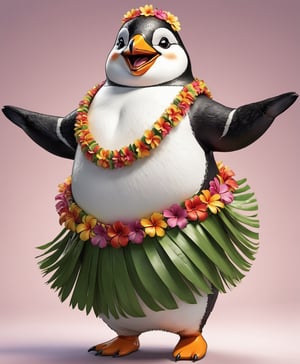  portrait of Dressed animals - a ((fat)) cute penguin hula dancer,(hula dancing:2.0), (swinging arms :2.0),(happy smile:1.2),high quality,(happy),(lovely) ,intricate details, (furry), highly detailed ((female hula dance costume)) ,highly detailed decorations, wearing (bikini) aloha shirts and flower lei , (happy), studio lighting,(full body image:1.5),simple background,(viewed from side:2.0),(perfect hands)comic book,comic book