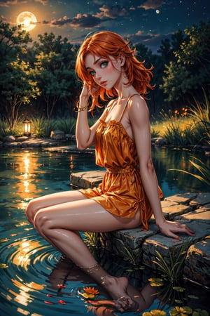 Create a scene of a beautiful country woman with green eyes and orange hair. She is relaxing in a pond and the moonlight is reflecting in her eyes.