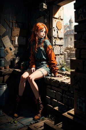  a female medieval peasant with long, messy orange hair and freckles, held captive in a dark castle jail cell. She wears tattered, dirt-covered clothing, her face showing distress. The cell is cold and oppressive, with stone walls and iron chains, a small barred window casting dim moonlight. she is sitting on the ground in the jail cell with dirt_on_clothes, dirt_on_face ((masterpiece, best quality, highres:1.2)) 