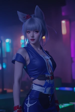 a woman dressed in a blue and white costume, adorned with a white belt and red gloves. The woman's head is adorned with two large ears, a red tassel, and a gold ring. Her eyes are a piercing blue, and her hair is a light gray.  a building in the distance.

A cinematic action scene shot surrounded by a dimly lit atmosphere with neon hues. Black, dark blue, and gray tones dominate the scene, punctuated by pops of light green, purple, and orange. Her skin glistens with subtle detail and enhancement. The Sony A7R IV camera captures the scene in cinematic style, emphasizing depth and bokeh effects from the pink, blue, and green neon lights.,Futuristic cosplay,Enhanced all