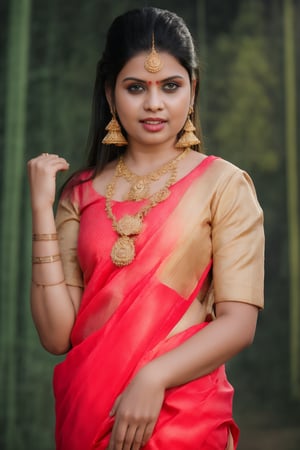 A ravishing Indian beauty, 26 years young, wears a stunning traditional saree, skillfully draped to reveal her navel. The richly colored fabric is adorned with intricate patterns and embroidery, paired with a matching turtle-neck blouse featuring short sleeves and a deep neckline. Her pallu flows softly over one shoulder, as she poses elegantly against a dimly lit background, focusing on the cultural richness of her attire.

Her warm-toned skin glows under cinematic lighting, accentuating every detail. Her long, dark hair cascades down her back like night's shadows, framing her flawless face and striking features. A maang tikka adorns her forehead, complementing jhumka earrings, a nose ring, bangles, and anklets that add to the overall opulence.

The setting is bathed in warm, golden light, emphasizing the textures of her fabric and jewelry. Every aspect of this scene is meticulously crafted, from the soft focus on her skin to the intricate details on her attire. The image is so vivid it seems to leap off the screen, a true masterpiece of cinematic art.