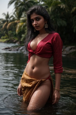 1girl, solo, long hair, skirt, shirt, black hair, jewelry, standing in pool water,, shot from above, earrings, midriff, water, blurry, sexy pose, curvy, spike_bracelets, tree, blouse,  red shirt half in  water, long skirt, rock, photo background, Indian traditional dress 