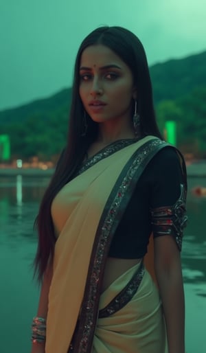 Prompt: A photorealistic portrait of an Indian woman in her late 20s with dark brown skin, long straight black hair, and sharp features. She is dressed in a sleek black saree with futuristic, tech-inspired accessories. Her eyes  giving her a mysterious, powerful look. The background is a dark, cyberpunk cityscape with green digital rain falling behind her, reminiscent of the Matrix. The lighting is low, with glowing neon lights reflecting off her leather outfit, enhancing the dramatic, action-movie atmosphere.,

best quality, highres, ultra-detailed:1.2), eye-level capture, cloudy day, a woman dressed in a cream-colored saree with black designs, standing in front of a body of water, wearing a black blouse, long dark brown hair flowing, white bracelets on her wrists, her saree draped over her left shoulder, a white sari tied around her waist adorned with red designs, adding a pop of color, blurred backdrop with trees and a mountain in the distance, soft natural lighting, realistic textures.,Futuristic 