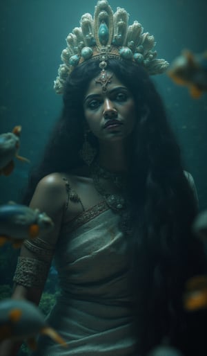 Deep beneath the sea lies a Kerala city submerged for centuries. At the center of this underwater kingdom, a girl with striking, expressive eyes sits on a grand throne carved from coral, her face illuminated by soft beams of light from above. Her facial features are delicate yet regal: high cheekbones, a small, sharp nose, and full lips painted with a hint of coral red. Her traditional Kerala saree, shimmering with silver and gold accents, drifts gently in the water, as her long, flowing hair cascades down her shoulders like dark waves. She wears a crown made of seashells and pearls, and her jewelry glimmers in the dim light. Surrounding her are the remnants of Kerala architecture, overtaken by marine plants, while schools of fish and sea turtles glide past, adding life to the ancient ruins.
A sprawling Kerala city lost to the ocean, its once-bustling streets and grand palaces now silent and submerged. The city’s architecture, with its iconic tiled roofs and wooden structures, is still recognizable, though covered in coral, barnacles, and sea plants. Large stone temples, adorned with elaborate sculptures of deities, stand partially collapsed,

cinematic angle, (cinematic shadows, bokeh, depth of field:1.3) , (High detail RAW Photo), (extremely detailed skin, photorealistic, heavy shadow, dramatic and cinematic lighting, key light, fill light), sharp focus, cinematic, imperfect skin, fabrics, textures, detailed face, detailed skin, detailed fingers, NaturalHand2-3500, analog film photo Deep photo,depth of field,ferrania p30 film,shadows, perfect face and body, dimly lit,  The background is a masterpiece of art deco design, with intricate details and complex patterns that seem to leap off the screen in hyper-maximalist fashion. The subject's full-body is dressed in elaborate attire, with detailed decoration and lines that exude opulence. In stunning HDR and UHD, this unreal engine creation pops with gorgeous light and shadow.,
