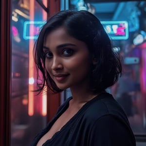 A hyper-realistic DSLR photo of a mallu woman with bobbed black hair, wearing a bustier dress catches the soft glow of neon lights, giving off a cozy and comfortable feel against the dark industrial backdrop. The figure's charming smile and warm eyes add a cute contrast to the gritty cyberpunk environment. The metal implants are visible through the fuzz, highlighted in neon blue and pink. Rain-soaked streets reflect light, adding depth to cinematic scenes. Created Using: DSLR Lens, cinematic lighting, detailed fuzz textures, metallic details, neon reflection effects, cyberpunk aesthetic, cozy yet dark atmosphere, contrasting highlights,tronggg