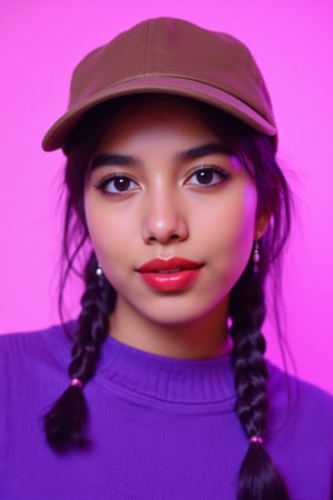 A photorealistic full-body portrait of a stunning 21yo hubggirl with perfect hands. She wears a vibrant purple sweater and double braids adorned with tiny earrings. Her shoulder-length purple hair is styled in intricate braids that cascade down her back. Her eyes are a deep, rich purple, framed by thick eyelashes and subtle makeup. A bold red lip color adds a pop of brightness to the overall gradient background, which transitions seamlessly from pink to purple. The subject's gaze is direct, with a hint of sassiness as she wears a trendy hat and sports a confident smile. Shut up, indeed!,Teenager 