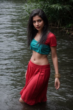 1girl, solo, long hair, skirt, shirt, black hair, jewelry, standing in pool water,, shot from above, earrings, midriff, water, blurry, sexy pose, curvy, spike_bracelets, tree, blouse,  red shirt half in  water, long skirt, rock, photo background, Indian traditional dress 