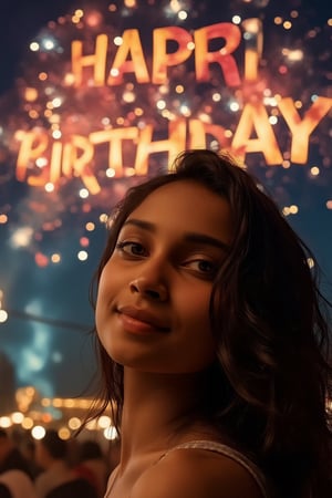 Cinematic shot of a beautiful 23-year-old birthday girl, looking into the camera, fireworks in the sky spelling "Happy Birthday" in colorful letters, shot with ARRI Alexa XT, ultra-realistic, high-definition details, soft lighting highlighting her features, joyful and celebratory expression, fireworks and vibrant colors lighting up the sky, detailed textures on skin and hair, perfect for a dramatic birthday scene, full of celebration.
