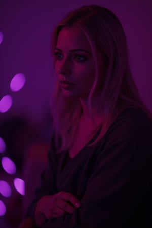 cinematic, A young woman with blonde hair sits in a dimly lit room, illuminated by soft purple and pink lighting. She gazes thoughtfully into the distance, with a bokeh of lights in the background, creating an intimate and contemplative atmosphere., film grain, Short telephoto focal length, shot on ALEXA 65,30yo